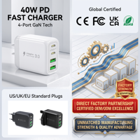 HNT Grosir OEM 40W USB-C Pengisi Daya Dinding Magnetik Multi-Port 2A+2C Cepat Bersertifikasi CE FCC RoHS untuk Ponsel 4-in-1