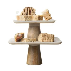 Soporte de pastel de doble lágrima de madera y mármol de estilo único, forma cuadrada, fiesta de oficina y restaurante, vajilla usada, soporte de pastel de vajilla - Product Image 1