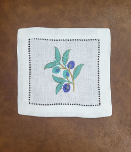 100% serviette de Cocktail en lin blanc avec broderie à la main conception de branche d'olivier linge de Table à ourlet pour la maison hôtel Bar événements - Product Image 1