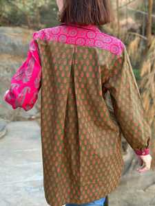 เสื้อเชิ้ตผ้าคอตตอนสีมะกอกสีชมพูสุดฮิตพร้อมลายพิมพ์อินเดียไม่สมมาตรสไตล์ลำลองทอลูกไม้ตกแต่งสีสันสดใสในชีวิตประจำวัน - Product Image 6
