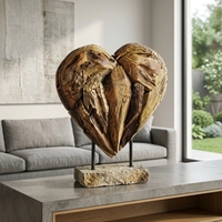 Sculpture de cœur en bois artisanale Velove, décoration de table rustique et romantique, œuvre d'art décorative avec support métallique pour la maison