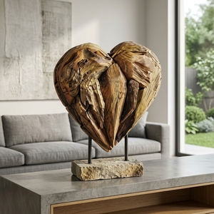 Velove Stand Handcrafted <b>Wooden</b> Heart Sculpture <b>Rustic</b> Romantic Tabletop Decorative Artwork Metal Stand Home Decor Display - Product Image 5