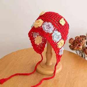 Handmade Cotton Character Hollow Flower Common Knitted <b>Hat</b> Unisex Adult <b>Purple</b> Pullover Face-Slimming Atmosphere Casual 56-58cm - Product Image 6