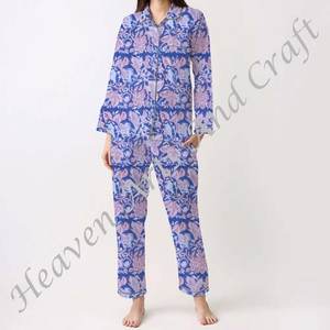Ensemble de pyjama pour femmes 100% coton, vêtements de maison doux, ensemble de pyjama printemps/été, motif floral/CHARACTERE/Lettre/Motif/Vacances/Arbre, PJ057 - Product Image 3