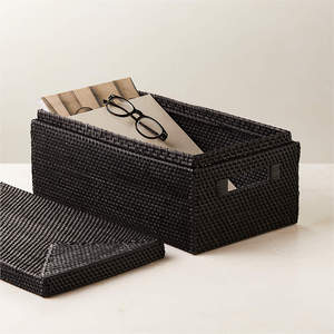 100% Natural Handwoven Rectangular Black Rattan Box Minimalist Storage for Clothes Magazines <b>Books</b> Rustic Vintage Home Decor - Product Image 1