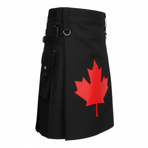 Tablier utilitaire en coton sergé 290 g/m² pour homme, motif feuille d'érable du drapeau canadien, poche cargo, noir, broderie par sublimation, PRIME - Product Image 1
