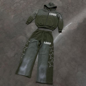 Sudadera con capucha y cremallera lavada con ácido con logotipo personalizado, conjunto de pantalones holgados, parche bordado 3D más vendido, estampado DTG completo de talla grande para invierno - Product Image 2