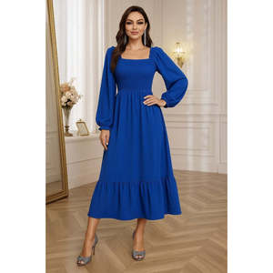 Vestido Largo de Punto con Cuello Cuadrado y Manga Larga para Mujer, 29210 - Azul - Product Image 1