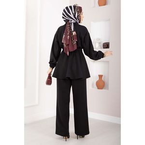 Conjunto de Túnica Casual Negra de Crepé con Cintura Ajustada de Silva, Blusa Larga con Estampado Floral y Lazo en el Cuello, Talla XL para Primavera - Product Image 4