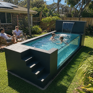 Rectangular Above Ground Wood Frame Swimming <b>Pool</b> Outdoor Family Spa <b>Pool</b> with Steps and Clear Blue Water - Product Image 3
