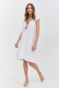 French Ladies Beige Cotton Linen Puff Sleeve Dress <b>Women</b> Summer Open Back Loose V Neck <b>Shirt</b> Casual Dress Midi Dress - Product Image 3