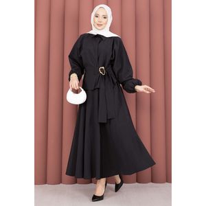 Conjunto de 2 Piezas Negro con Falda con Cinturón Incorporado y Detalle de Hebilla, Talla XS, Top Corto con Decoración de Plumas - Product Image 3
