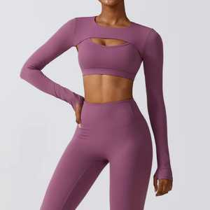 Yoga sport soutien-gorge haut court veste et Leggings ensemble Sexy ensembles d'entraînement pour les femmes élégant athlétique veste fit soutien-gorge pouce trou poignets - Product Image 5