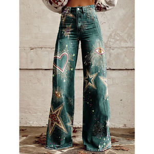 Celana kaki lebar wanita ukuran Plus, celana panjang Denim Bell-Bottoms motif Transfer panas 3D gaya baru - Product Image 4