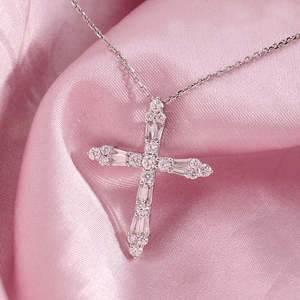 Dignified Round Brilliant Cut Moissanite <b>Cross</b> <b>Pendant</b> Necklace 14k Gold Plated 925 <b>Silver</b> Trendy Gift Jewelry - Product Image 5