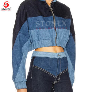 2023 chaqueta vaquera de retales con estilo para mujer, manga larga Vintage con cremallera rellena de algodón, talla XL, nuevas camisetas de moda al por mayor - Product Image 5