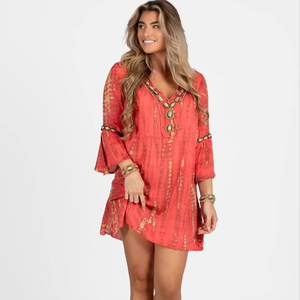 2024 Wholesale Rayon Women's Casual <b>Tunic</b> Handmade Beaded Neck Bandeau Long Sleeve Tie Dye Indian Style Loose Fitting Plus Size - Product Image 1