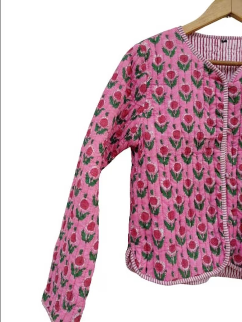 Handmade Indian Block Print Quilted Jacket - Cotton Floral Coat