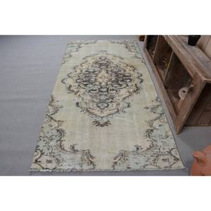 Vintage Turkish <b>Rug</b> Beige 4x8ft Handmade Wool Patchwork Design with Latex Backing Rectangular Hallway Pattern for <b>Bedside</b> - Product Image 1