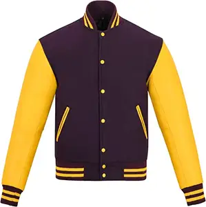 OEM Customized Varsity Jacket Baseball Letterma Purple Wool Gold Yellow Leather Premium Quality Unisex Basketball Jacket