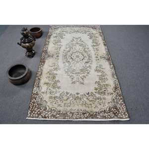 Tapis turc vintage 3.7 x 6.7ft fait à la main grande surface en laine Rectangle Patchwork Design pour couloir blanc Beige couleur latex soutenu - Product Image 1