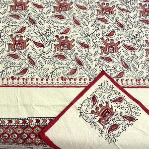 Mantel de Algodón Estampado a Mano de 240 Hilos Color Granate con 6 Servilletas, Diseño Rústico para Uso Doméstico o Hotelero (SHKF1005) - Product Image 3