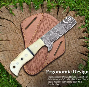 Couteau de chasse en acier Damas sur mesure en gros OEM, lame fixe pleine soie, fourreau en cuir, manche en os, couteau utilitaire - Product Image 5