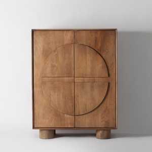 Geometric Mango Wood Accent Cabinet: Modern design with circular door detail, living room storage. - Product Image 1