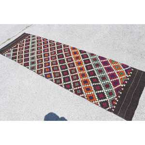 Turkish <b>Runner</b> Rug 2.5x8.6 ft, <b>Red</b> Blue Camouflage Rug Wool - Product Image 4
