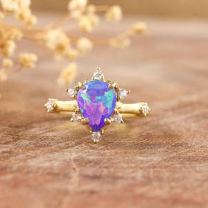 Natural Lavender Fire Ethiopian Opal Wedding Ring For Women October <b>Birthstone</b> Minimalist 925 Sterling Silver 14K Gold - Product Image 1