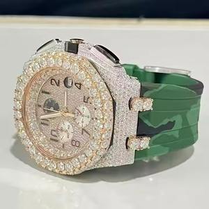 Mouvement analogique de haute qualité chronographe glacé luxueux Moissanite diamant clouté montre Hip Hop 22mm bracelet en caoutchouc cadran en verre - Product Image 1