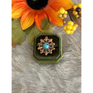 Southwest Handmade Turquoise Sterling Silver <b>Adjustable</b> <b>Ring</b> Boho Geometric Marquise Cut Dainty Jewelry - Product Image 1