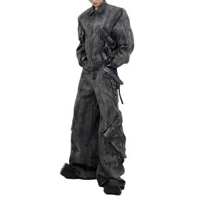 Ensemble 2 pièces homme gris molletonné 100% coton tissé, coupe ample, poches cargo, séchage rapide, 400g, effet vintage, haute qualité, hiver - Product Image 3