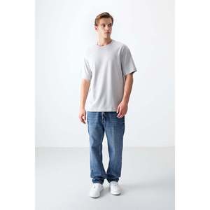T-shirt basique pour homme en coton texturé épais et doux, coupe ample - 88377 - Stone - Product Image 4