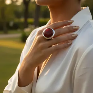 925 Silver Statement <b>Ring</b> for Women Trendy <b>Opening</b> Gemstone Red Carnelian Stone Inlay Number Geometric Shape Religious Style - Product Image 2