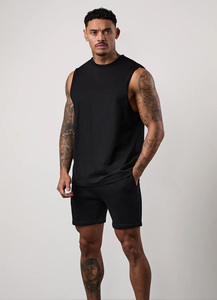Shorts de gym en molleton noir pour hommes, vêtements d'été décontractés, taille élastique, cordon de serrage, tissu doux, 2 poches latérales, shorts pour hommes, vente en gros - Product Image 5