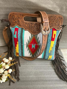 Bolso de hombro de cuero con flecos de tela azteca auténtica hecho a mano bohemio bolso de compras oculto de cuero genuino superventas - Product Image 2