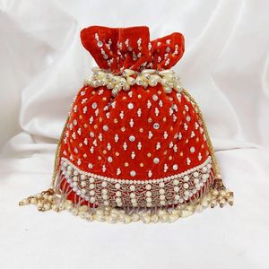 2025 Trendy Red Silk <b>Clutch</b> Evening <b>Bags</b> Hand Embroidery <b>Pearls</b> Stones Glass Beads Dabka Work for Fashion Party-Wear/Weddings - Product Image 1