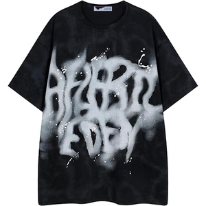 T-shirt en coton noir surdimensionné pour homme avec imprimé graffiti blanc, style streetwear, manches courtes, col rond, coupe jersey - Product Image 1