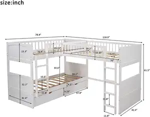 Maximalist装饰家具三层双层床白色木质l形双层床，带梯子和储物抽屉