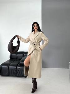 Manteau Trench Décontracté Élégant Beige en Polyester/Coton, Manches Longues, Col Chemise, Ceinturé, Réversible, Coupe-Vent, Idéal pour l'Automne - Product Image 1