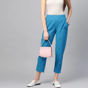 Soft Breathable Womens Blue Cotton Slub <b>Trouser</b> <b>Pants</b> Designed In Regular Fit For Comfortable Casual Office Travel Daily Wear - Product Image 1