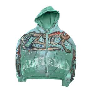 Sweats à capuche surdimensionnés personnalisés pour hommes, poids lourd, 2026, effet délavé à l'acide, fermeture éclair, impression sérigraphique, strass - Product Image 4