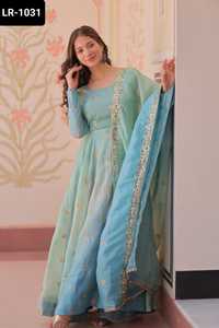 Ropa étnica india Pedding Organza dorada con lentejuelas Multi y Zari Bordado Trabajo Anarkali Vestidos con Dupatta Set para mujeres - Product Image 2
