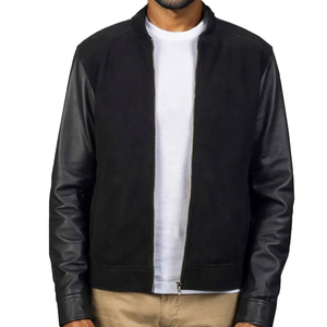 Chaqueta de bombardero de cuero de gamuza clásica para hombre, venta al por mayor, sastrería elegante, mangas completas, ajuste personalizado, bordado de lona de textura suave - Product Image 1