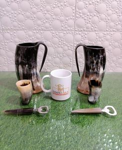 Viking Lovers Set Real Ox Horn Mug Ouvre-bouteille Verre à liqueur avec Style thé Corne de buffle Matériel Ceinture Holster - Product Image 1