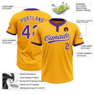 黄色球衣紫色姓名号码定制升华垒球棒球纽扣球衣<span class=keywords><strong>2</strong></span>纽扣棒球俱乐部球衣整体销售 - Product Image 3