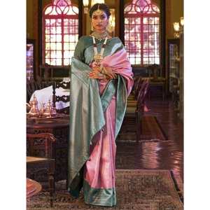 Hermoso Sari de Seda Kanjivaram Tejido con Hilo Rosa para Recepciones de Boda - Product Image 3