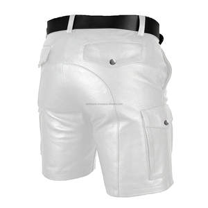 Mens Genuine Leather <b>Shorts</b> <b>White</b> Biker Style Multi Pocket Utility for Outdoor Streetwear Casual Wear - Product Image 3