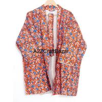 Veste matelassée tissée respirante à imprimé floral rayé pour femme, grande taille, en coton, coupe kimono décontractée